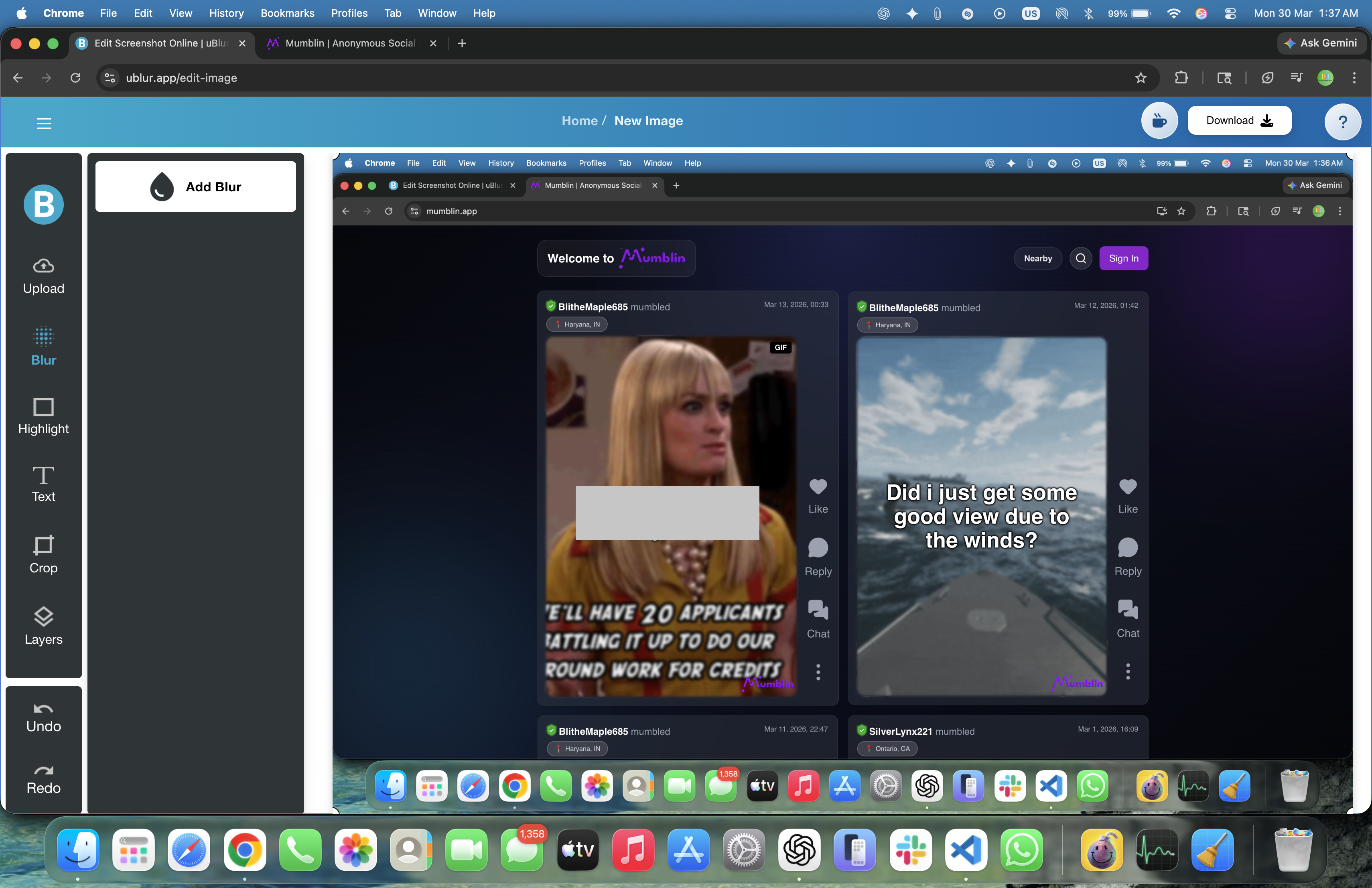 uBlur web editor showing the blur workflow on a screenshot