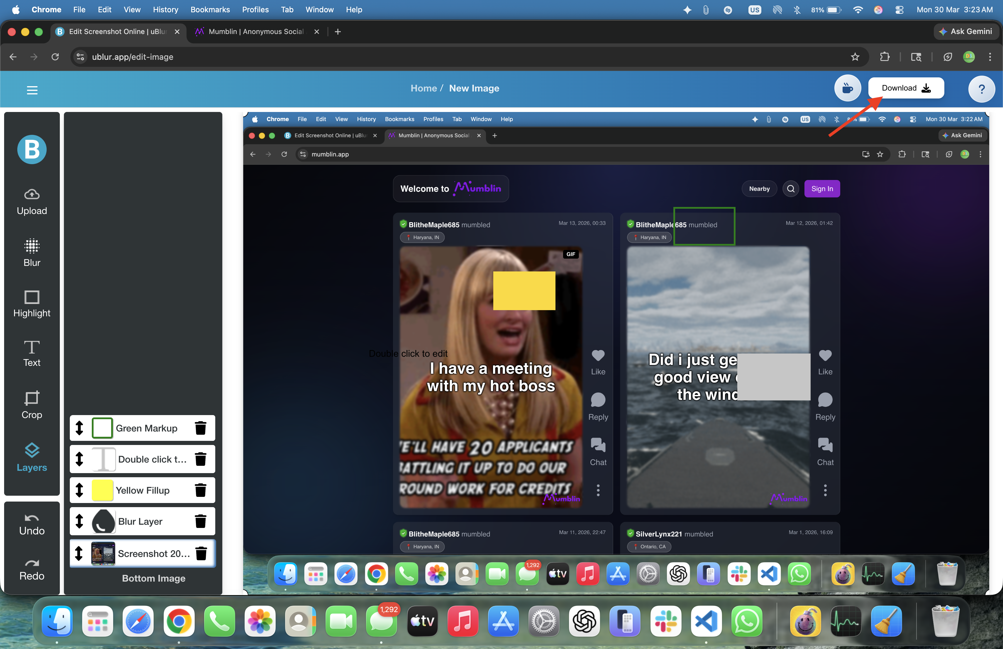 uBlur web editor showing the export or download action for a finished screenshot