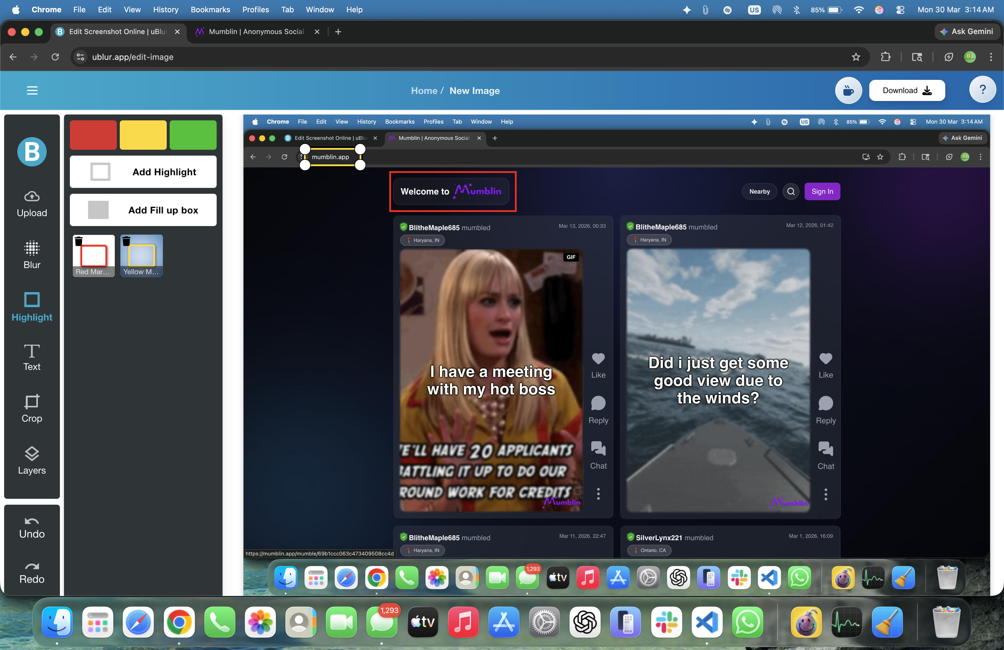uBlur web editor with the highlight tool active on a screenshot